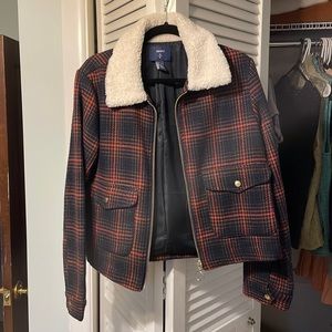 Navy orange and black plaid jacket